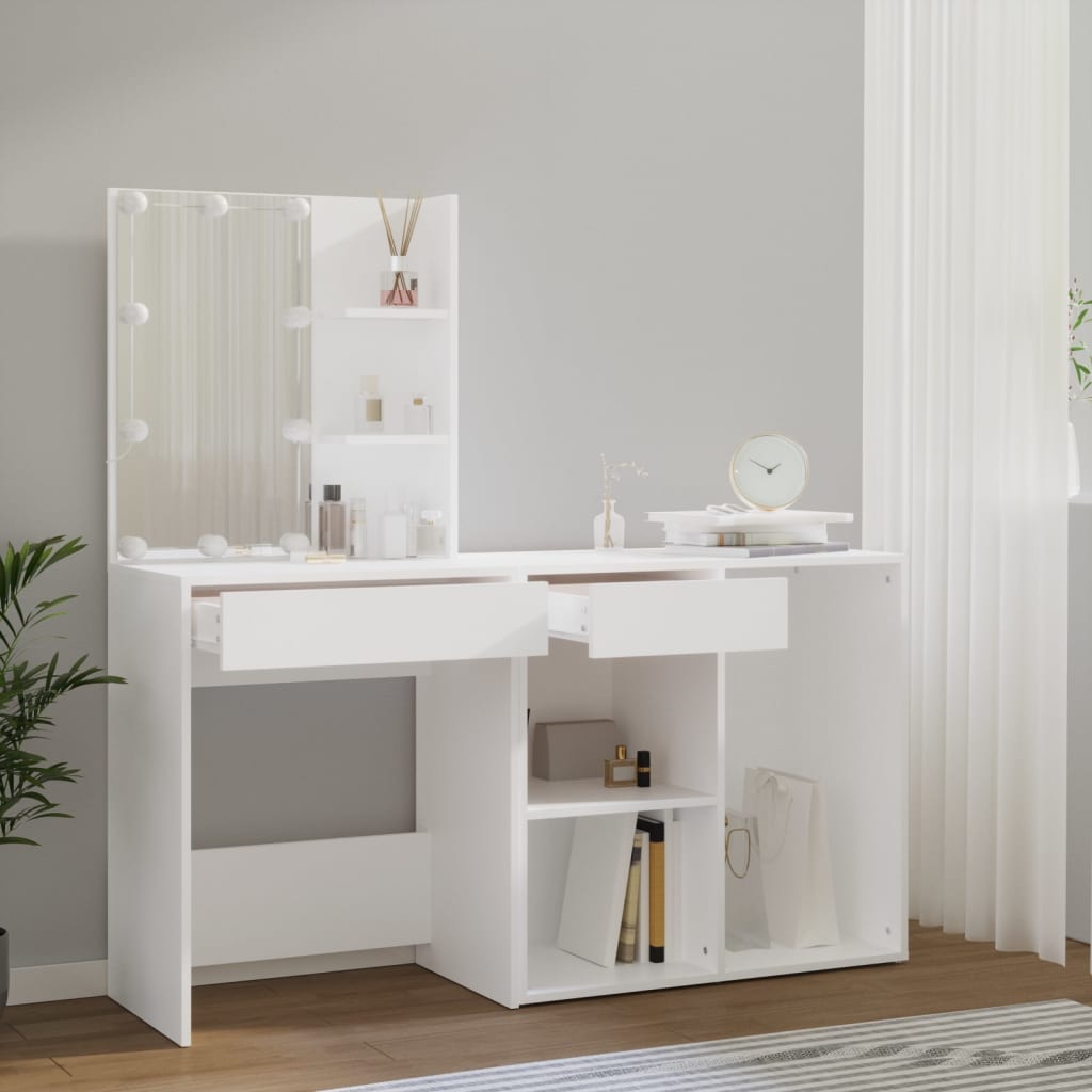 LED Dressing Table with Cabinet High Gloss White Engineered Wood - Bend