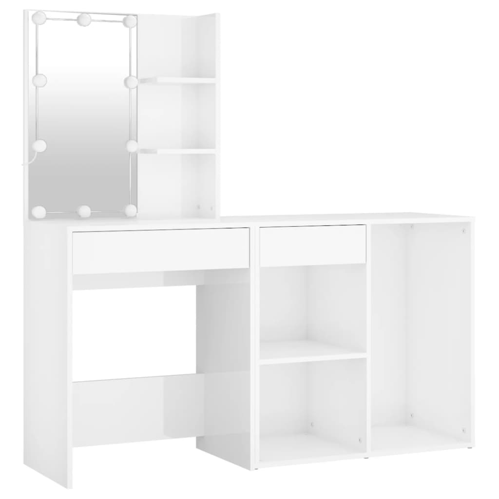 LED Dressing Table with Cabinet High Gloss White Engineered Wood - Bend