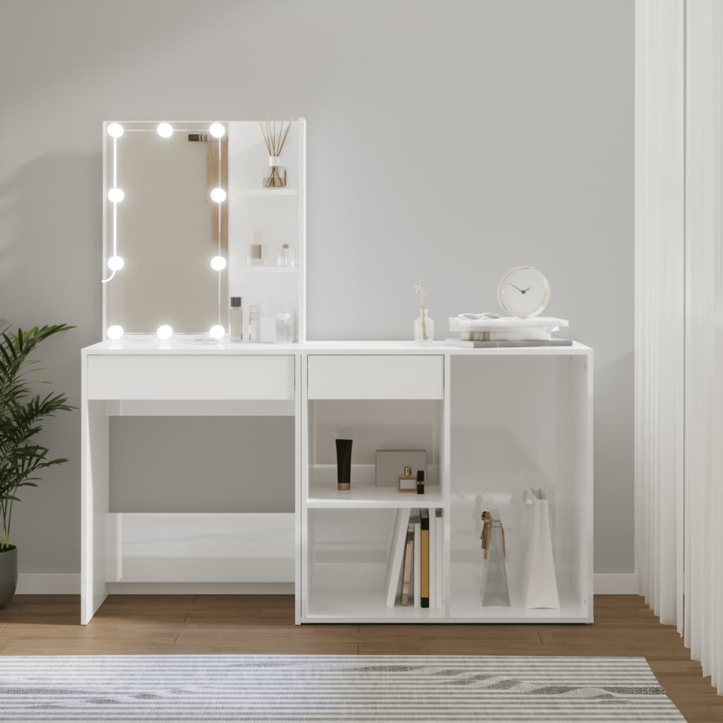 LED Dressing Table with Cabinet High Gloss White Engineered Wood - Bend