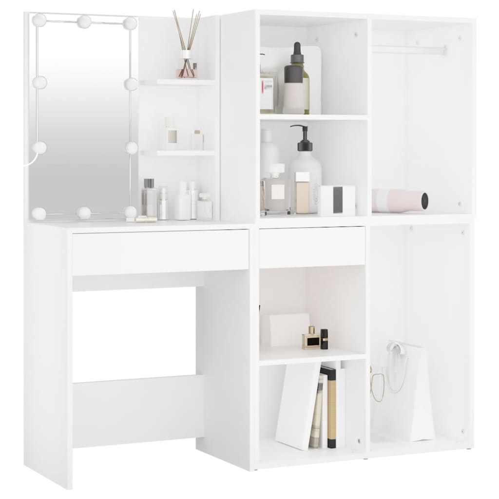 LED Dressing Table with 2 Cabinets White Engineered Wood - Bend