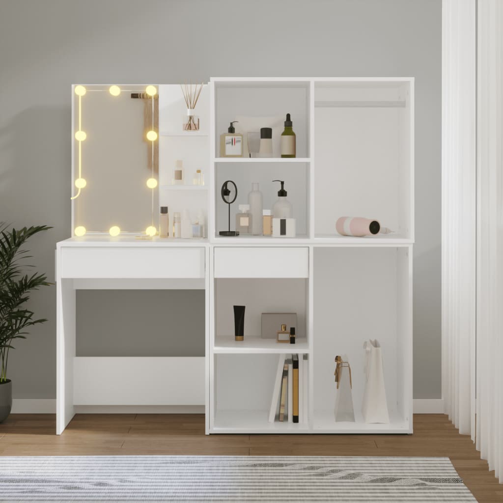 LED Dressing Table with 2 Cabinets White Engineered Wood - Bend