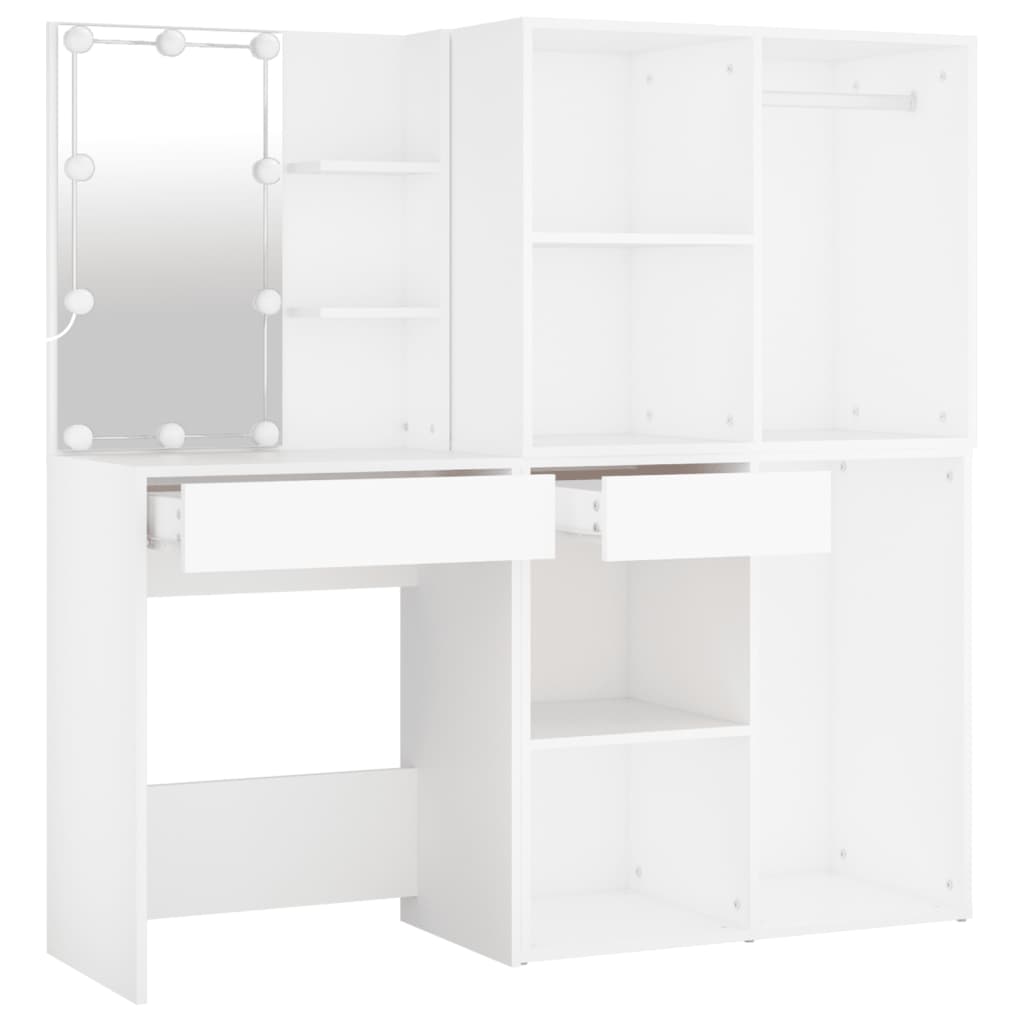 LED Dressing Table with 2 Cabinets White Engineered Wood - Bend