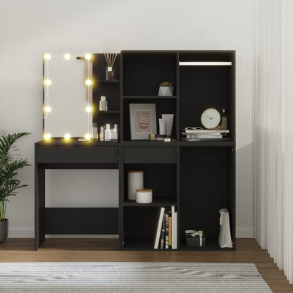 LED Dressing Table with Cabinets Black Engineered Wood - Bend