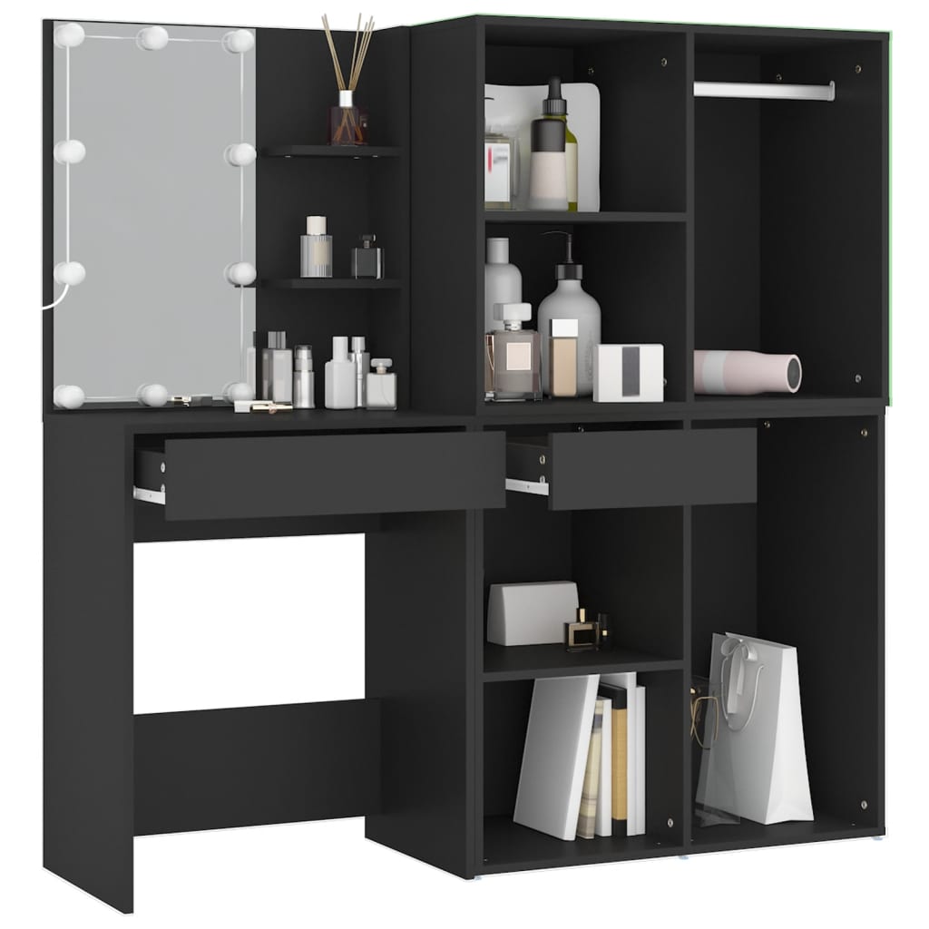 LED Dressing Table with Cabinets Black Engineered Wood - Bend