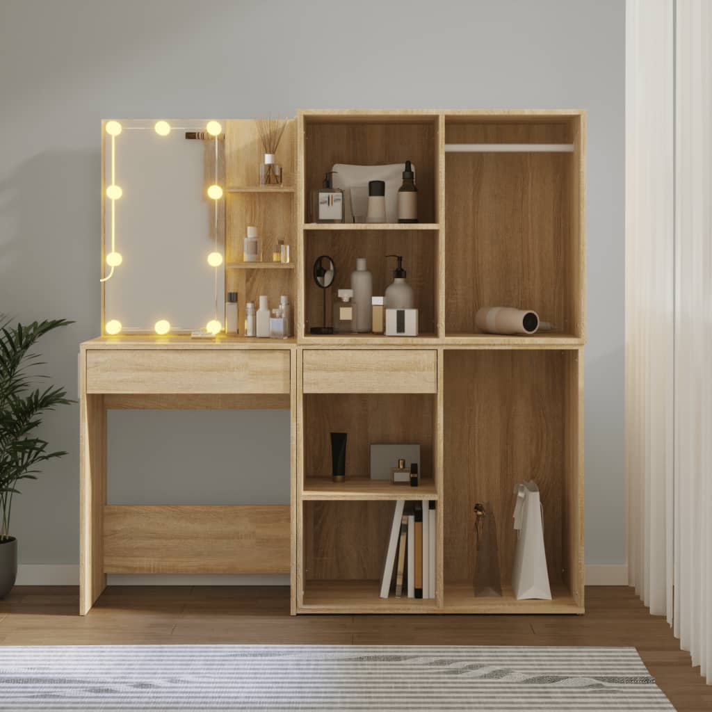 LED Dressing Table with 2 Cabinets Sonoma Oak Engineered Wood