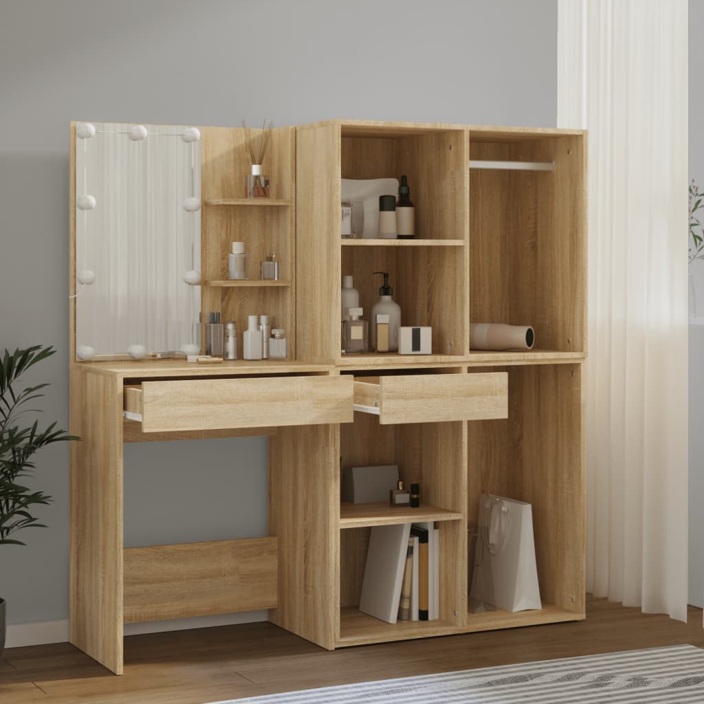 LED Dressing Table with 2 Cabinets Sonoma Oak Engineered Wood