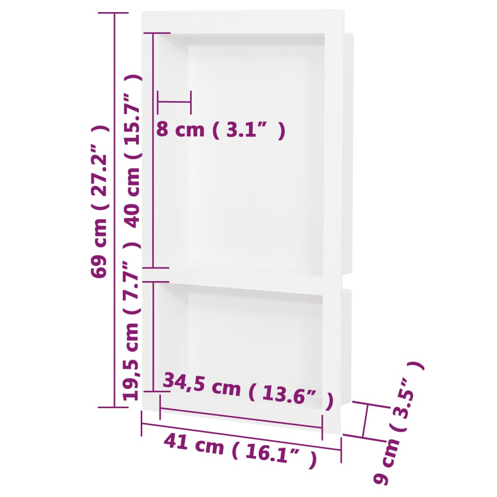 Shower Niche with 2 Compartments High Gloss White 41x69x9 cm - Bend