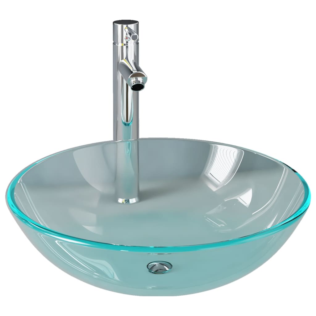 Bathroom Sink with Tap and Push Drain in Tempered Glass - Clear - Bend