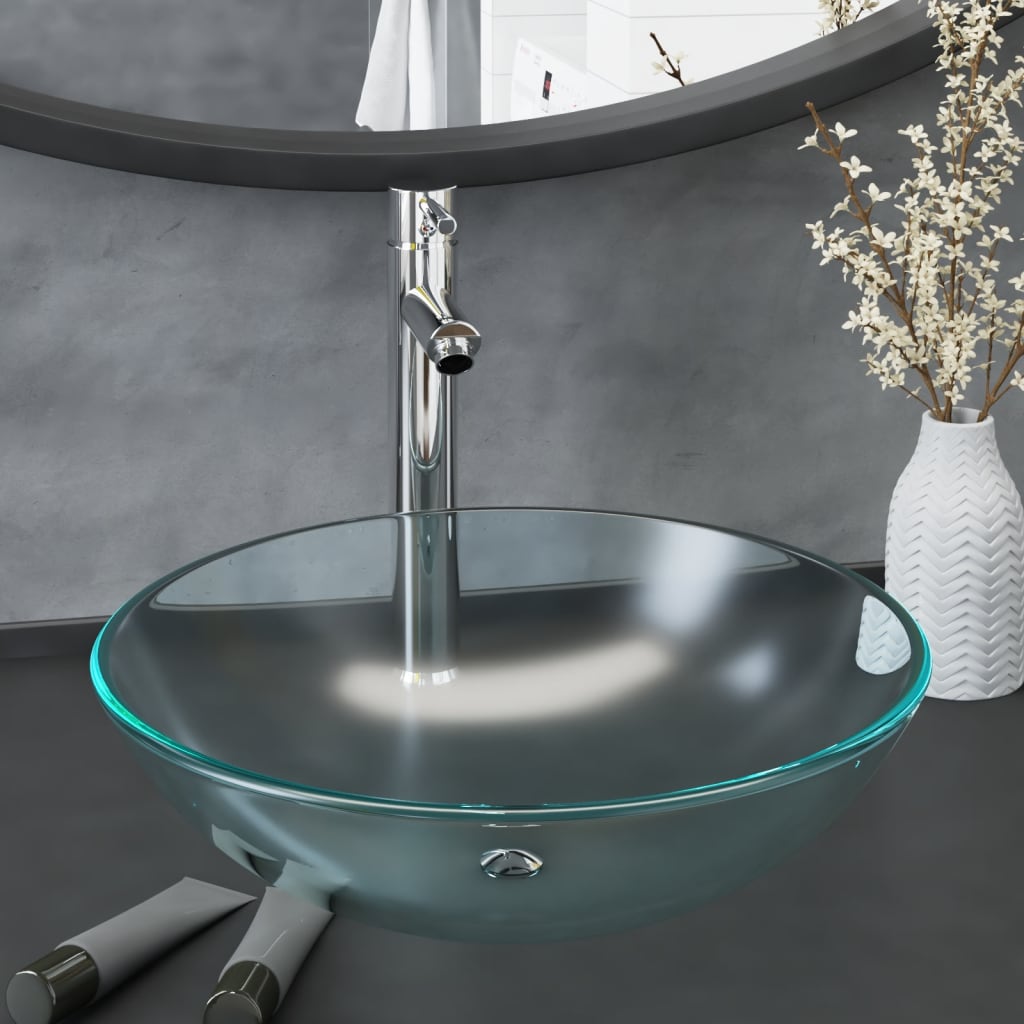 Tempered Glass Bathroom Sink with Tap and Push Drain - Frosted - Bend