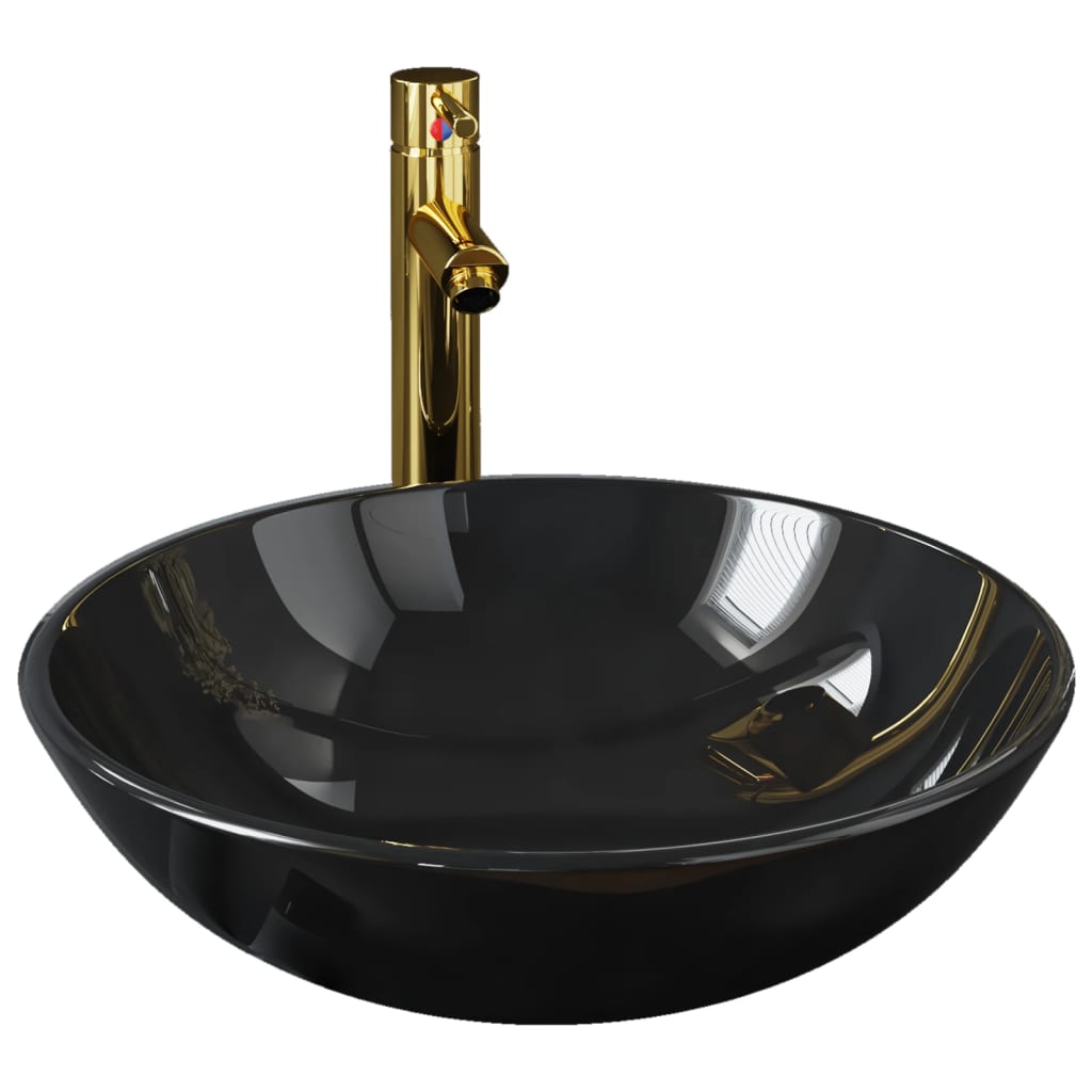 Bathroom Sink with Tap and Push Drain Tempered Glass - Black - Bend