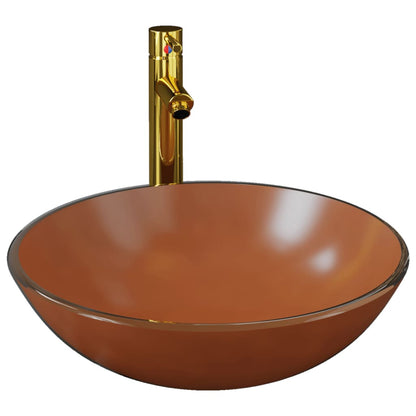 Bathroom Sink with Tap and Push Drain Tempered Glass - Brown - Bend