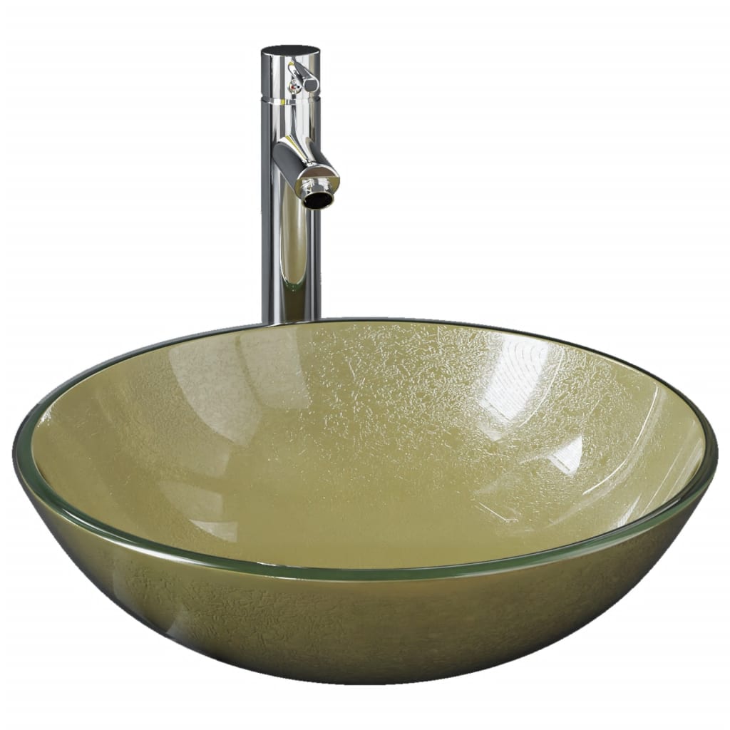 Elegant Bathroom Sink with Tap and Push Drain - Gold Tempered Glass - Bend