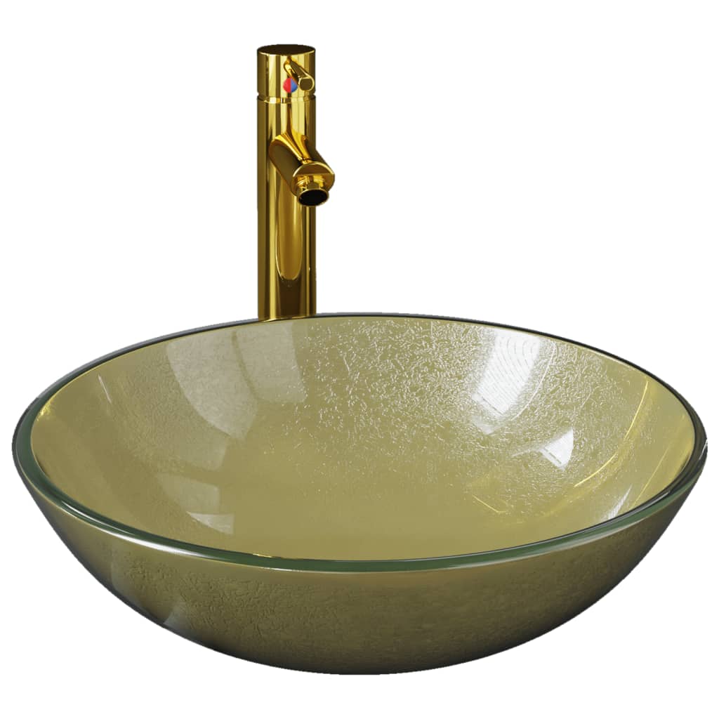 Elegant Bathroom Sink with Tap and Push Drain - Gold Tempered Glass - Bend