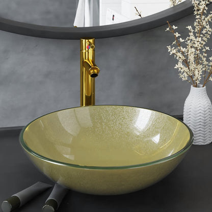 Elegant Bathroom Sink with Tap and Push Drain - Gold Tempered Glass - Bend