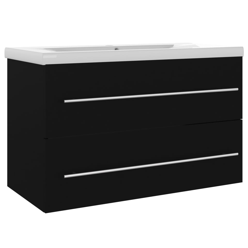 Bathroom Sink Cabinet with Built-in Basin - Black with Silver Handles