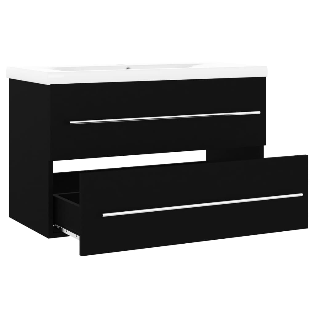 Bathroom Sink Cabinet with Built-in Basin - Black with Silver Handles