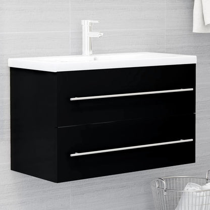 Bathroom Sink Cabinet with Built-in Basin - Black with Silver Handles