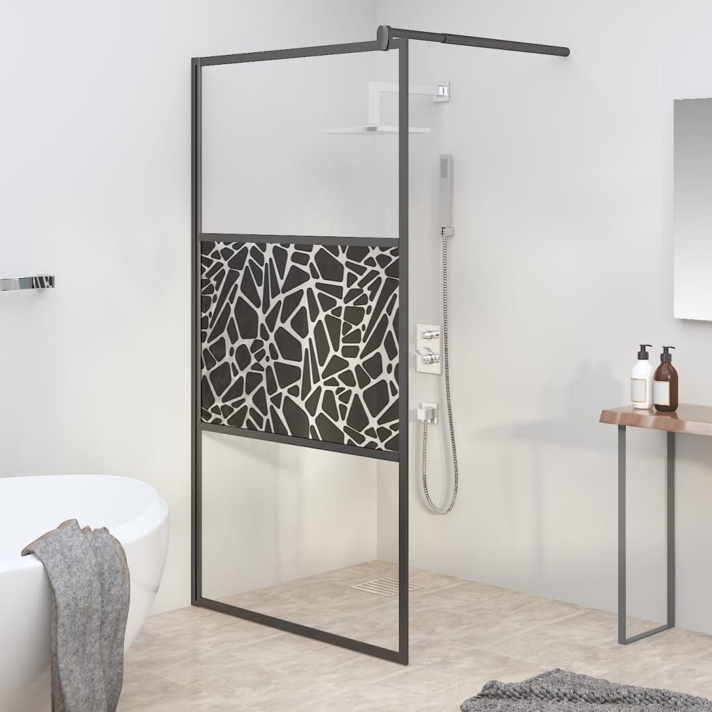 Stylish Walk-in Shower Wall 115x195cm ESG Glass Black Stone Design