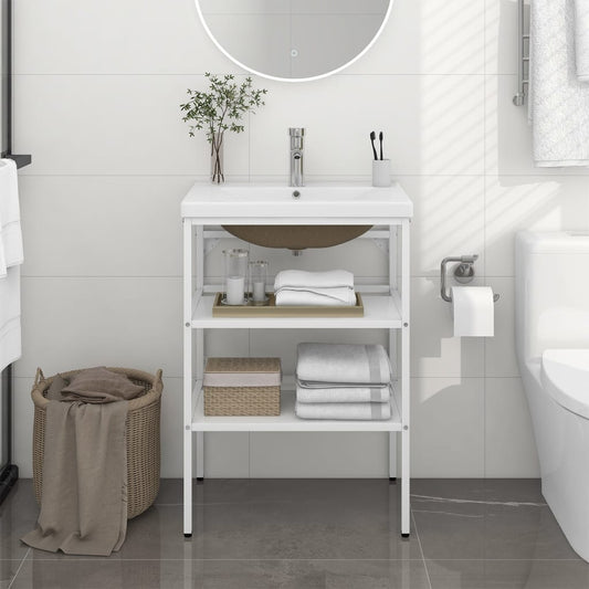 Bathroom Washbasin Frame with Built-in Basin White Iron - Bend