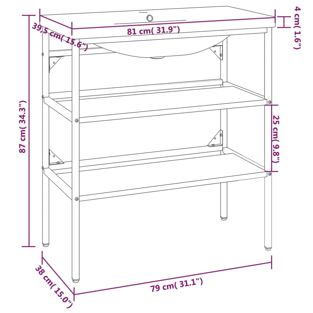 Bathroom Washbasin Frame with Built-in Basin White Iron - Bend