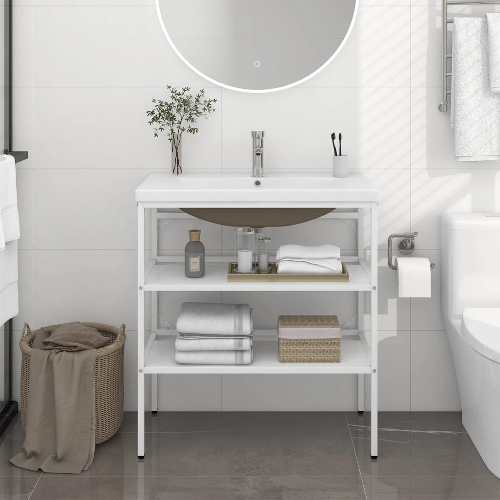 Bathroom Washbasin Frame with Built-in Basin White Iron - Bend