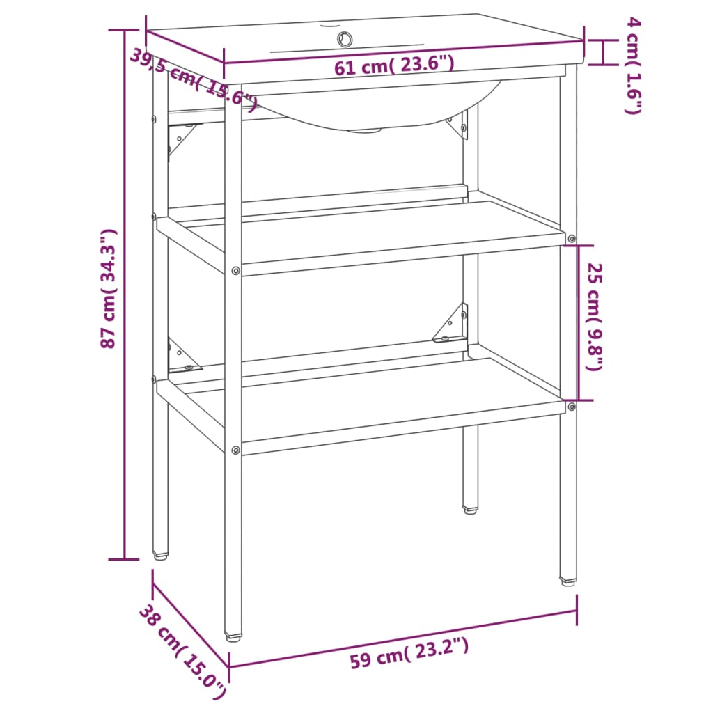 Medium Washbasin Frame with Built-in Basin, Black Iron - With Shelves - Bend