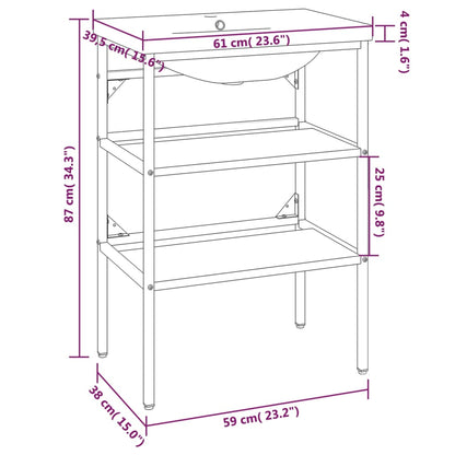 Medium Washbasin Frame with Built-in Basin, Black Iron - With Shelves - Bend