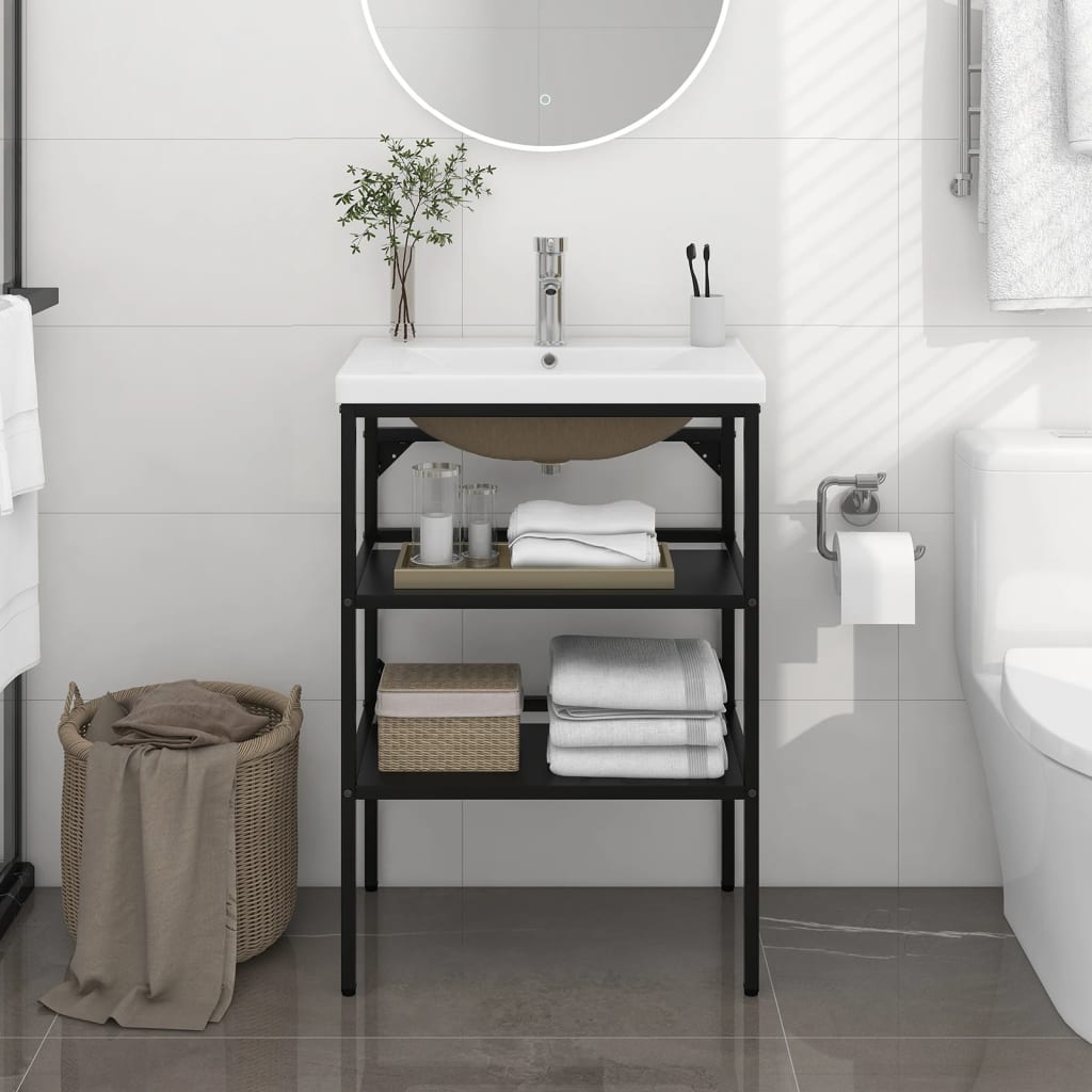 Medium Washbasin Frame with Built-in Basin, Black Iron - With Shelves - Bend