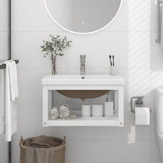 Bathroom Washbasin Frame with Built-in Basin White Iron - Bend