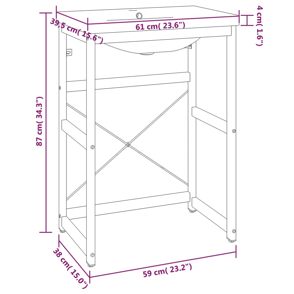 Medium Washbasin Frame with Built-in Basin, Black Iron - No Shelves - Bend