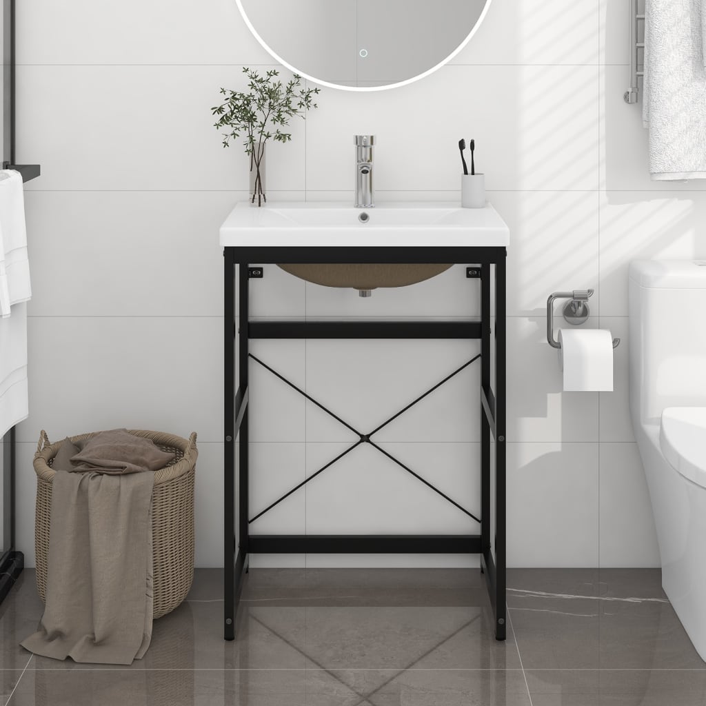 Medium Washbasin Frame with Built-in Basin, Black Iron - No Shelves - Bend