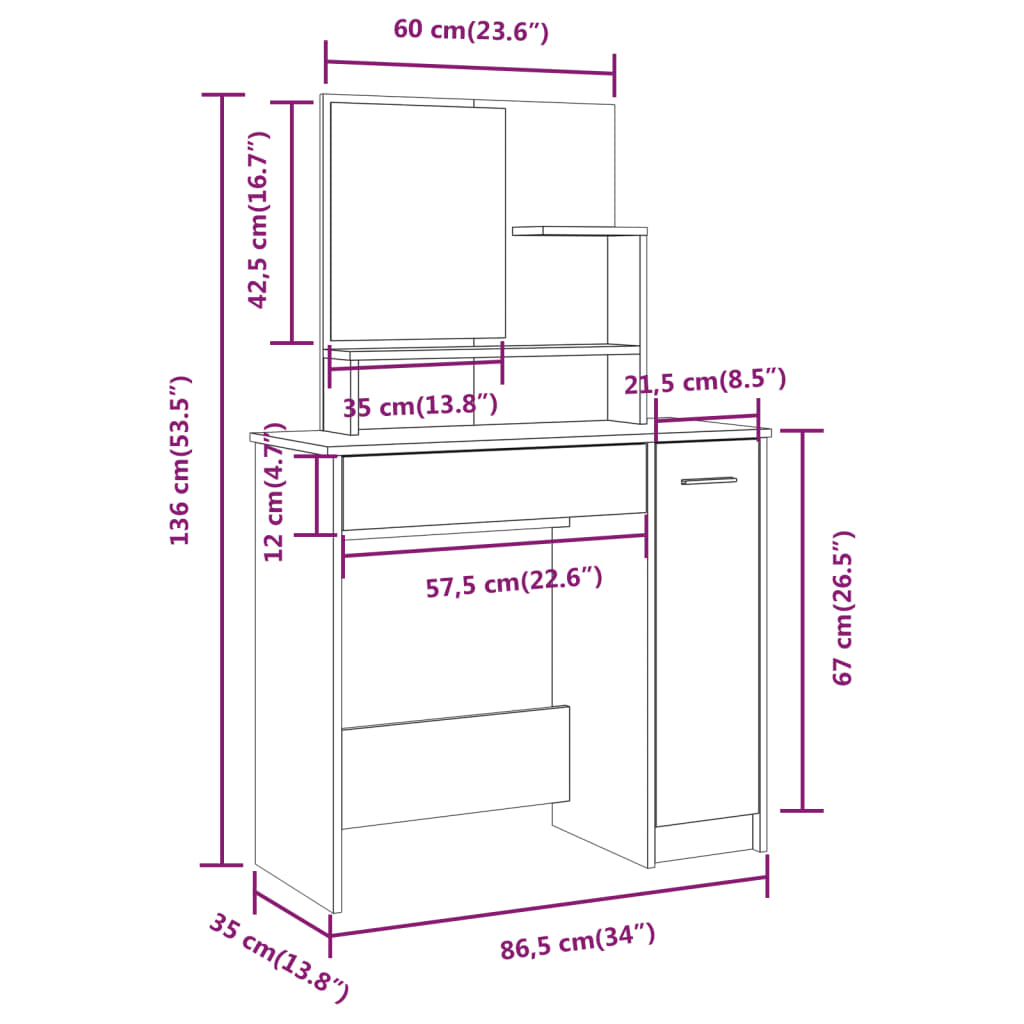 Dressing Table with Mirror Brown Oak 86.5x35x136 cm - Bend