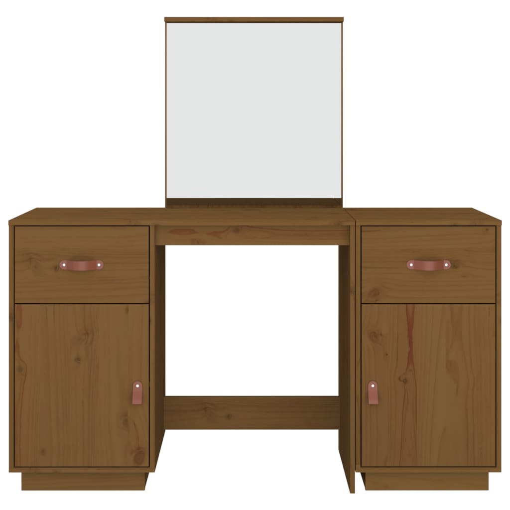 Dressing Table Set with a Mirror Honey Brown Solid Wood Pine - Bend