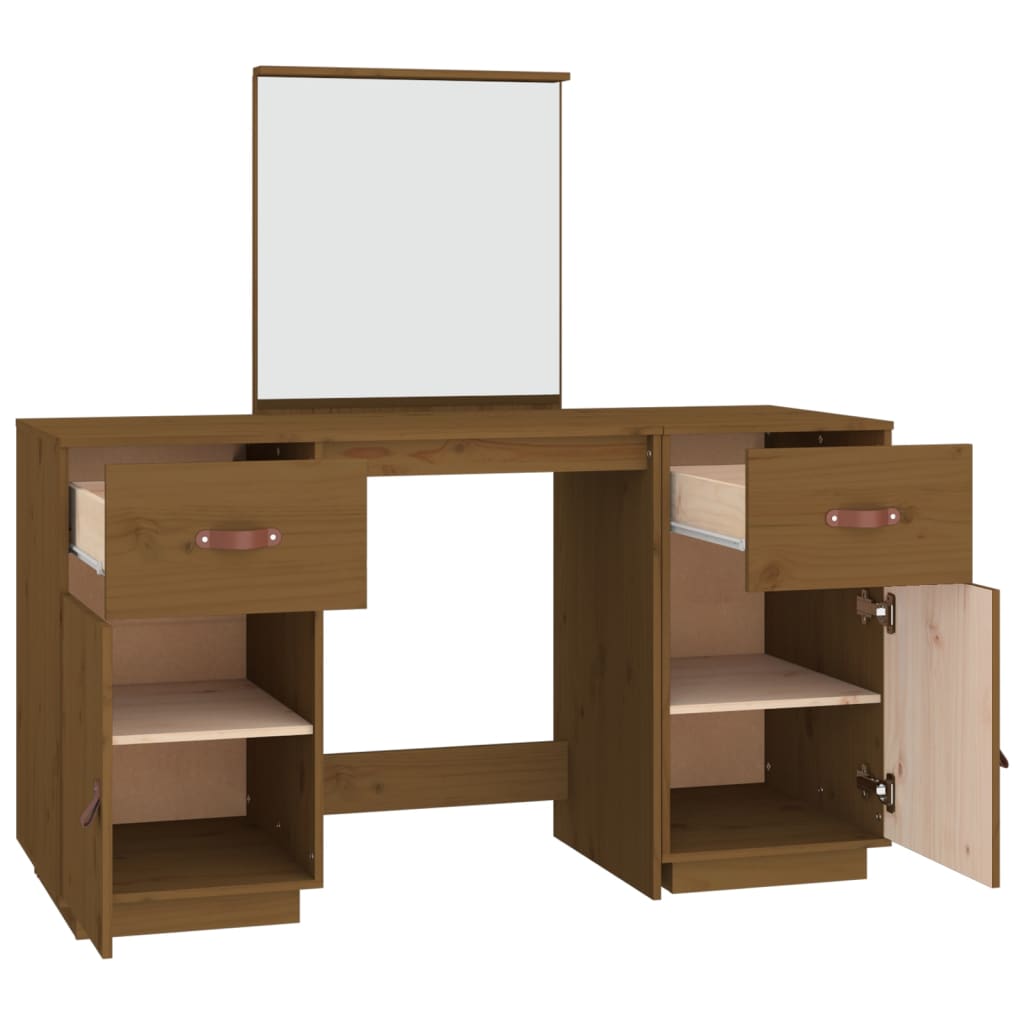 Dressing Table Set with a Mirror Honey Brown Solid Wood Pine - Bend