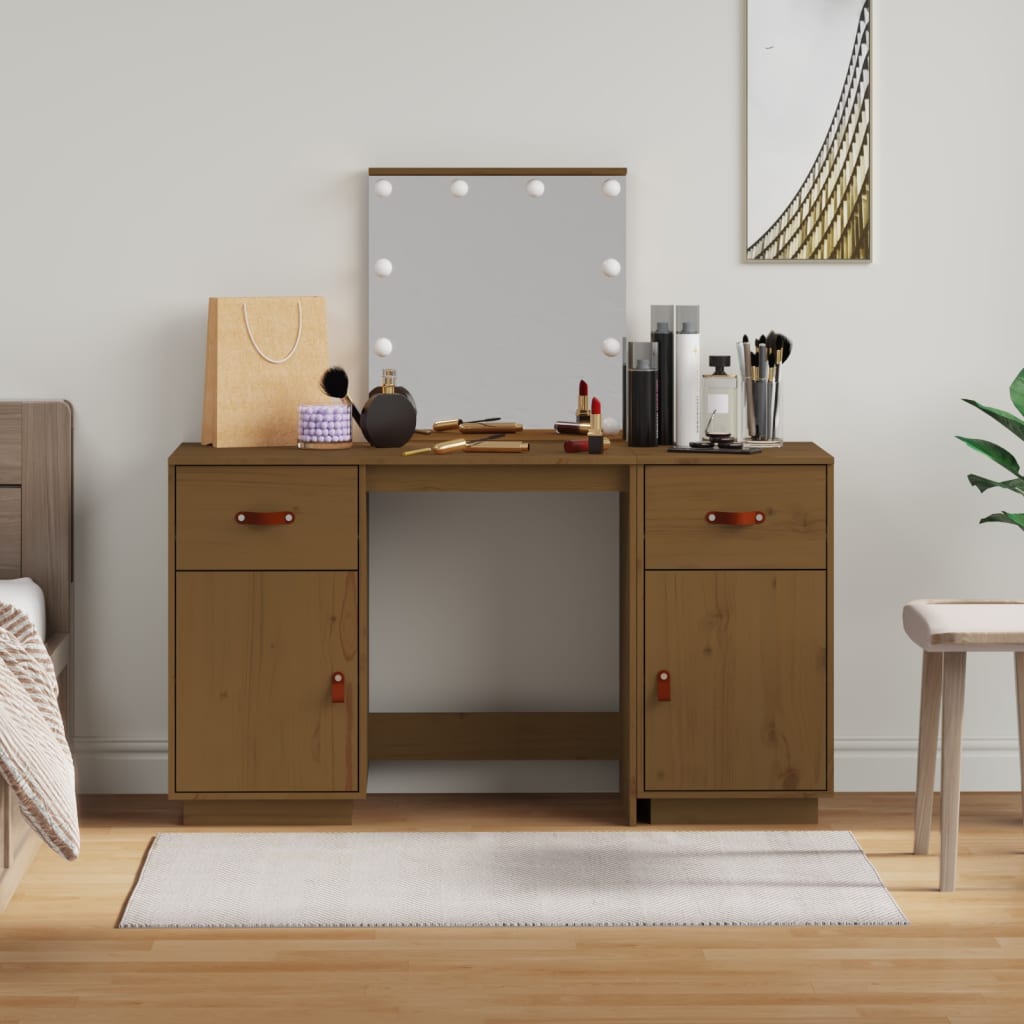 Dressing Table Set with LED Honey Brown Solid Wood Pine - Bend