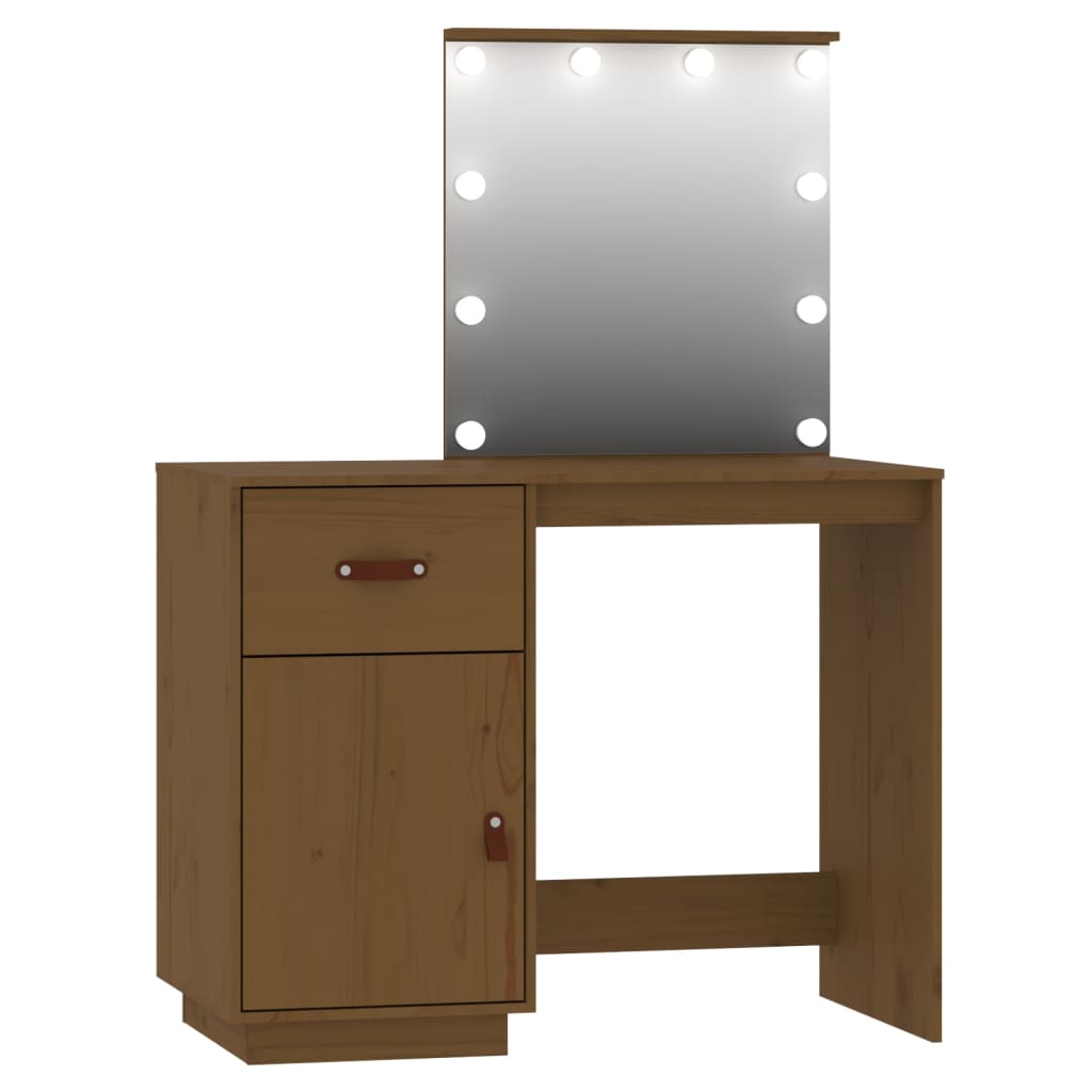 Dressing Table Set with LED Honey Brown Solid Wood Pine - Bend