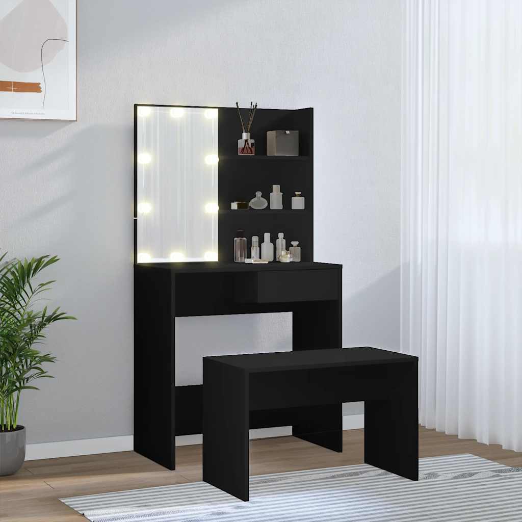 Dressing Table Set with LED Black Engineered Wood