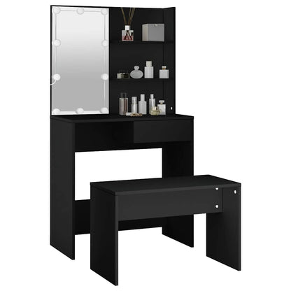 Dressing Table Set with LED Black Engineered Wood