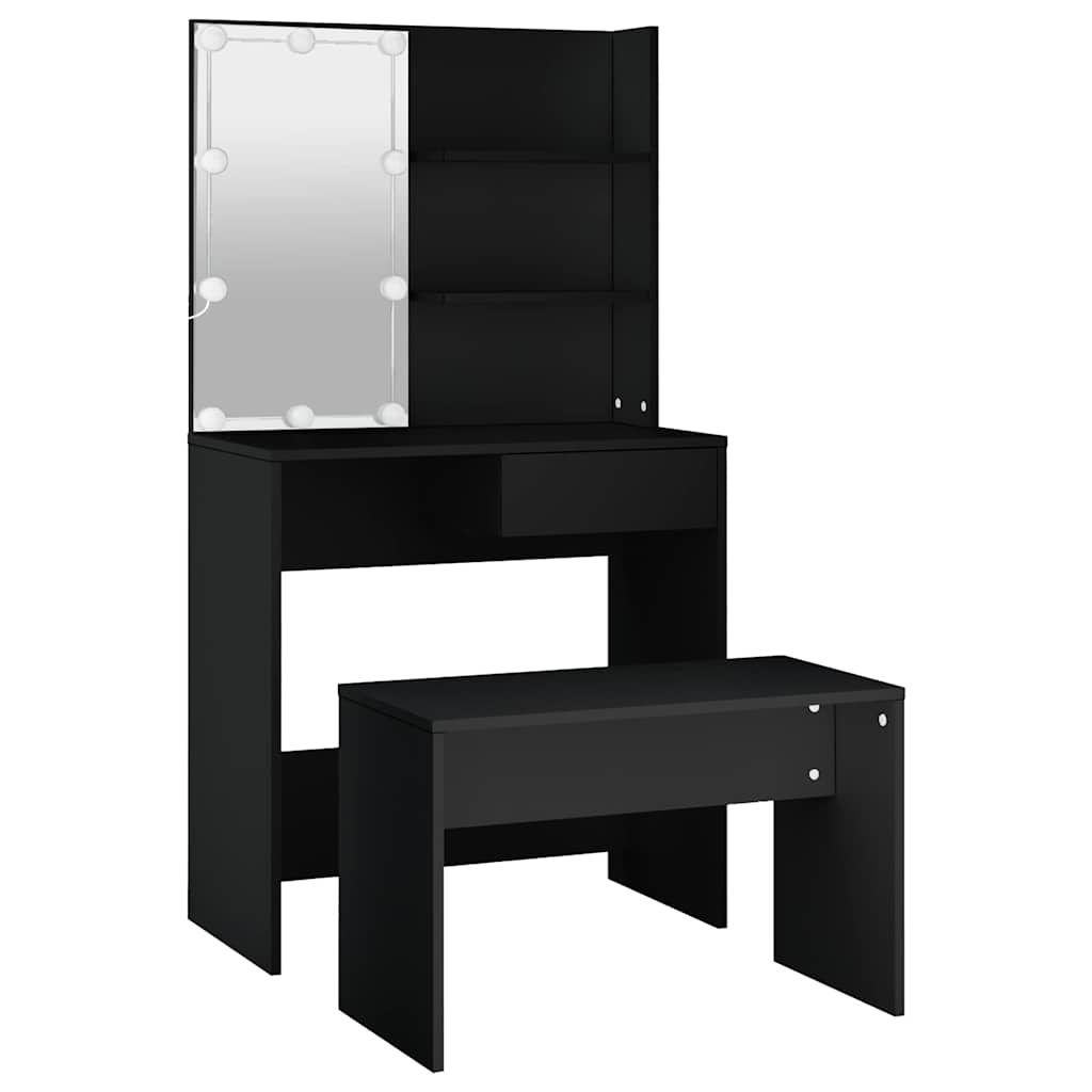 Dressing Table Set with LED Black Engineered Wood