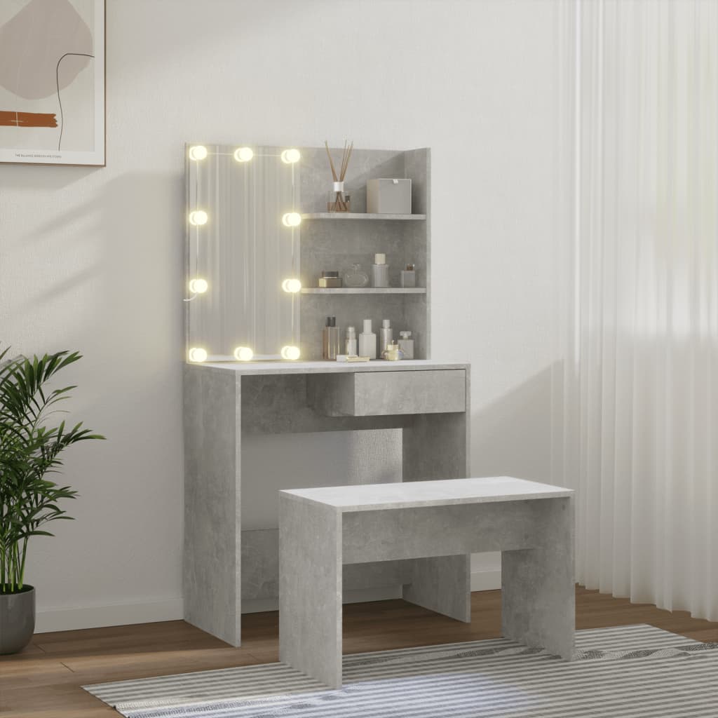 Dressing Table Set with LED Concrete Grey Engineered Wood