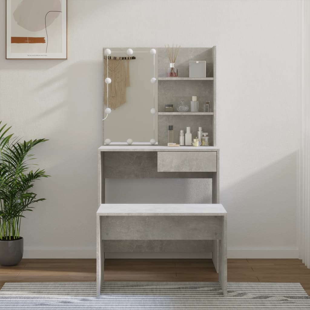 Dressing Table Set with LED Concrete Grey Engineered Wood