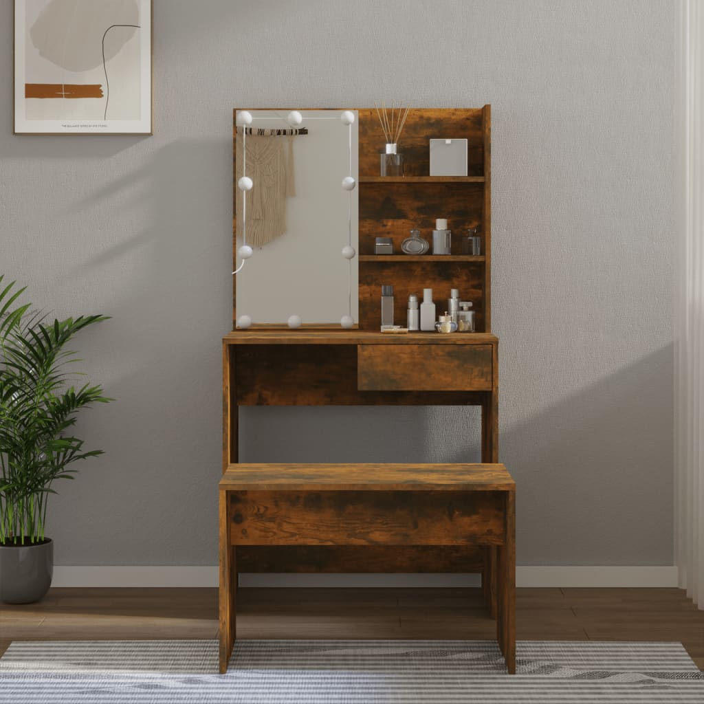 Dressing Table Set with LED Smoked Oak Engineered Wood - Bend