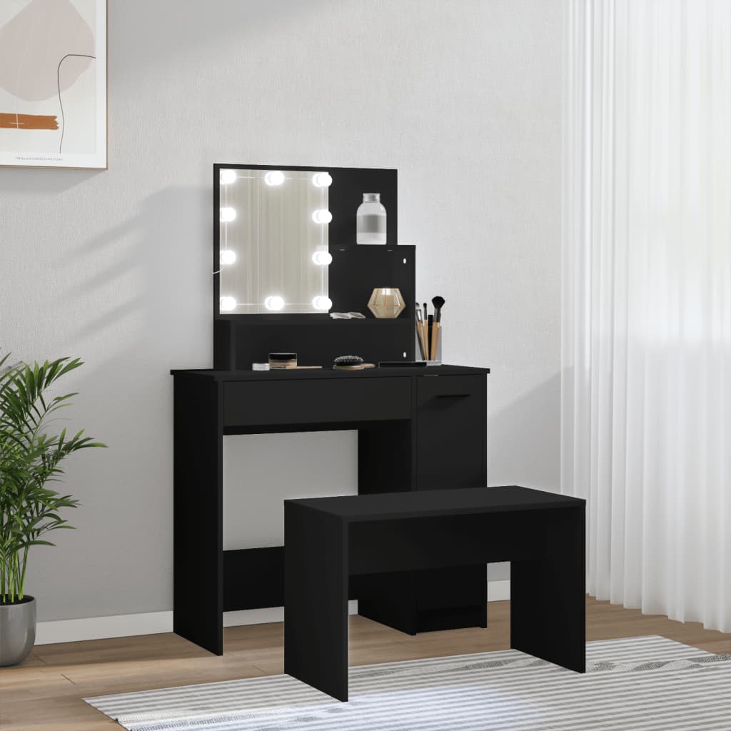 Dressing Table Set with LED Black Engineered Wood - Bend