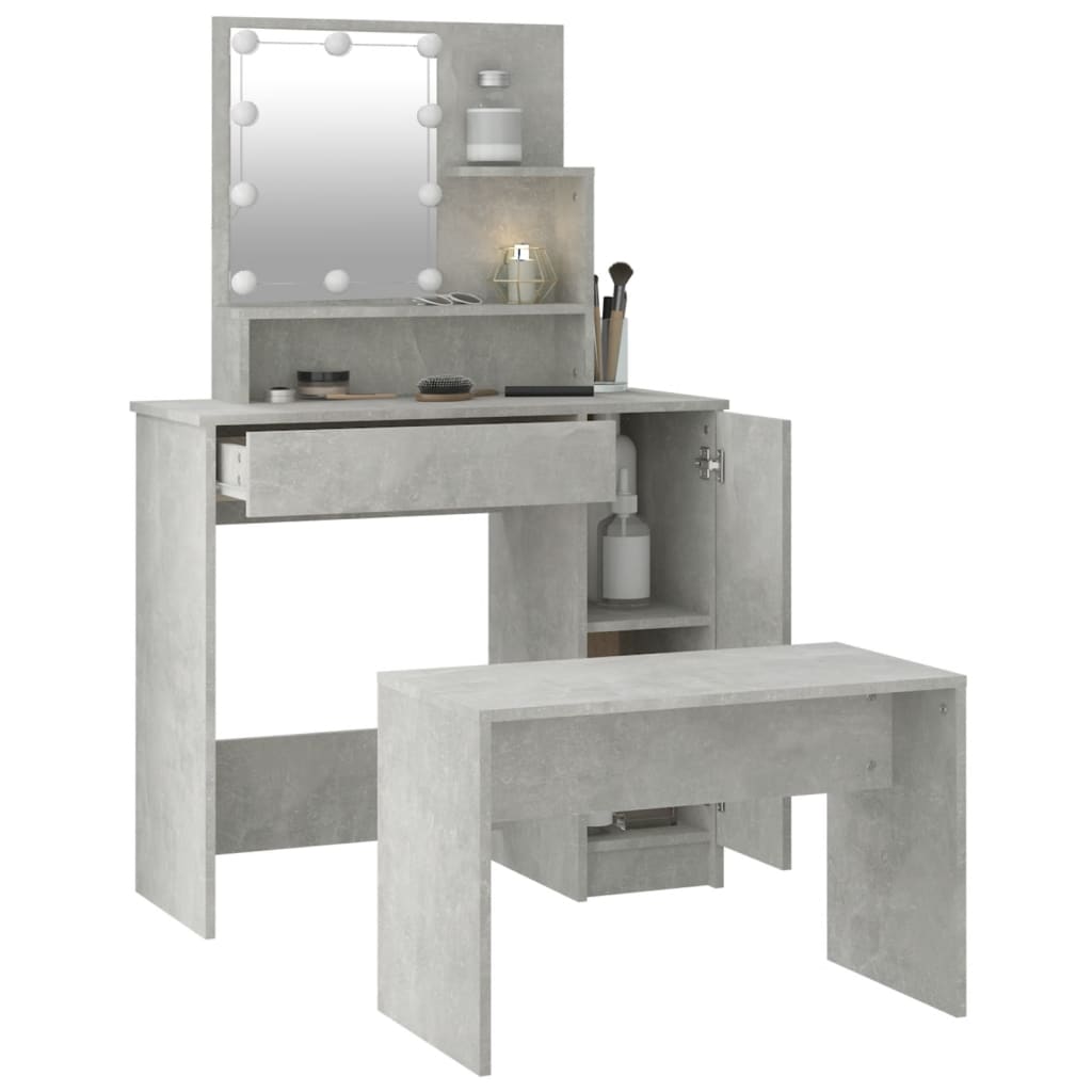 Dressing Table Set with LED Concrete Grey Engineered Wood