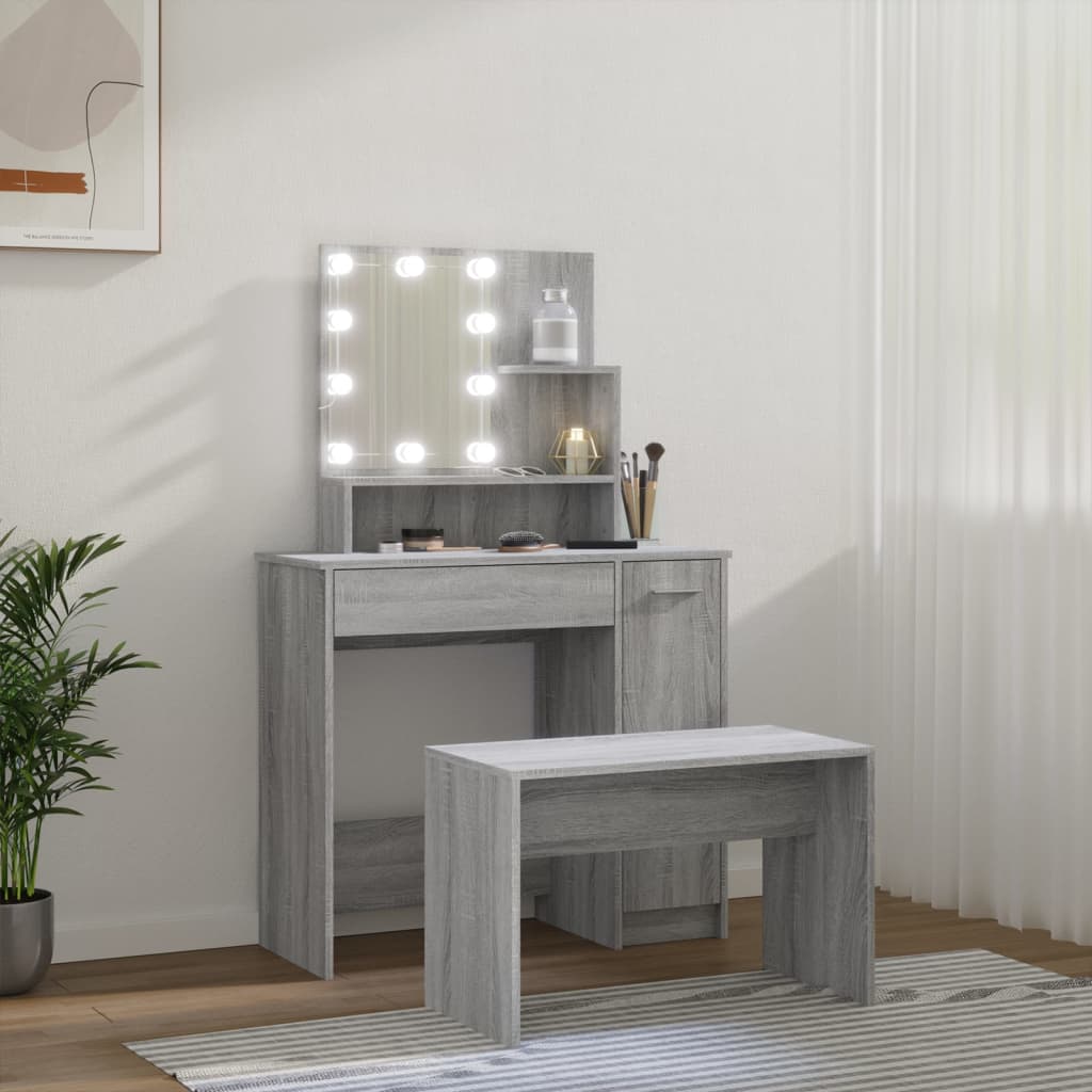 Dressing Table Set with LED Grey Sonoma Engineered Wood