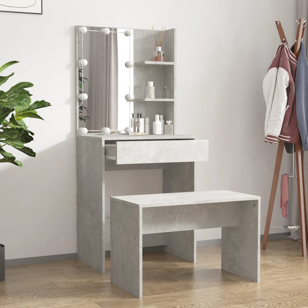 Dressing Table Set with LED Concrete Grey Engineered Wood