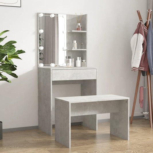 Dressing Table Set with LED Concrete Grey Engineered Wood