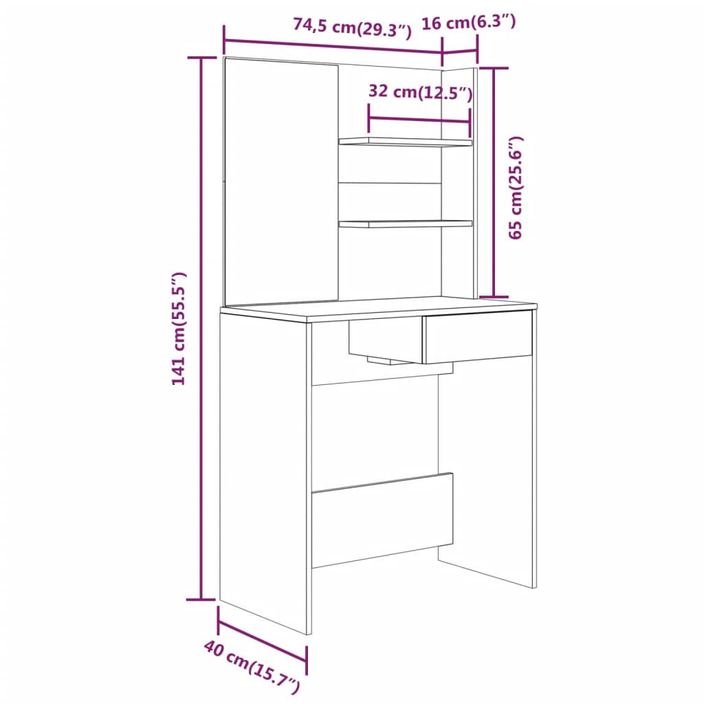 Dressing Table Set Grey Sonoma 74.5x40x141 cm