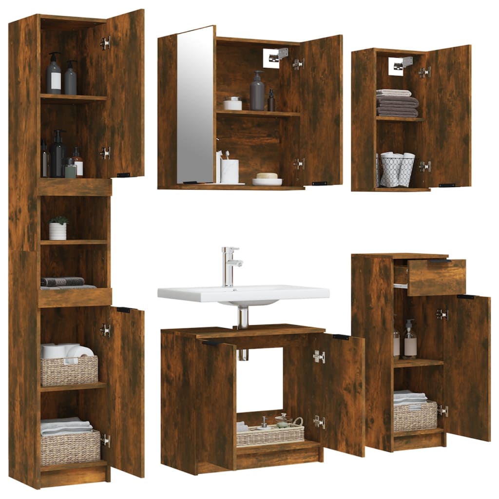 5 Piece Bathroom Cabinet Set Smoked Oak Engineered Wood