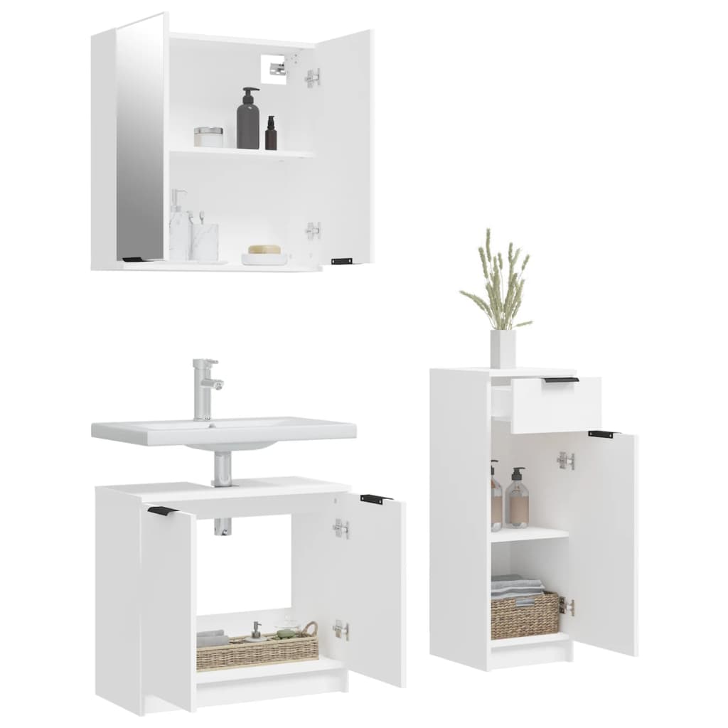 3 Piece Bathroom Cabinet Set White Engineered Wood